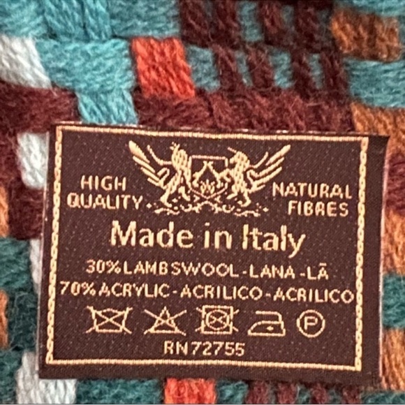 Basket Weave Italian Wool Blend Fringed Scarf SZ OS Multicolor - Picture 5 of 5